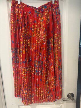 Vintage 80s 90s IB Diffusion Floral Pleated Skirt Sz 12 Red Midi Elastic Waist